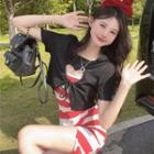 Spaghetti Strap Striped Midi Bodycon Dress / Heart Cutout T-shirt