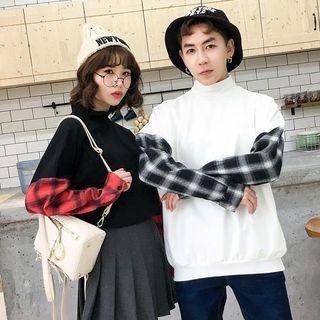 Couple Matching Plaid Panel Mock Neck Pullover