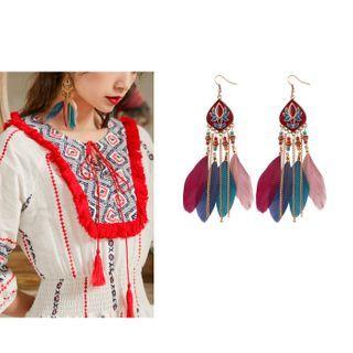 Feather Dangle Earring 1 Pair - Blue & Red & Pink - One Size
