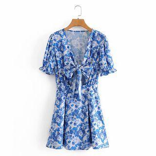V-neck Tie-strap Floral Mini A-line Dress