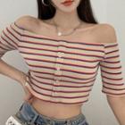 Short-sleeve Off-shoulder Striped Cropped T-shirt Stripes - Red - One Size