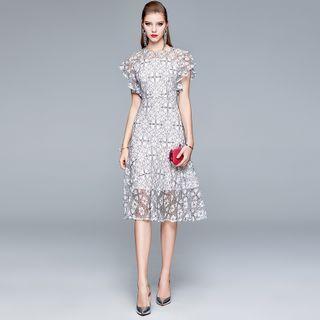 Short-sleeve Floral Lace A-line Midi Cocktail Dress