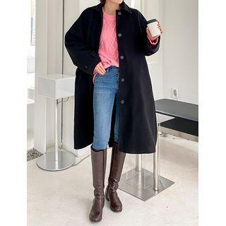 Raglan Single-breasted Long Coat With Sash