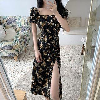 Floral Square-neck Side-slit Dress