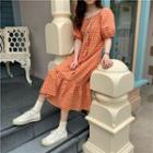 Short-sleeve Midi Plaid Dress Plaid - Tangerine - One Size