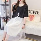 Short Sleeve Print Mesh Panel Dress