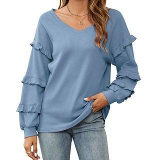 Long-sleeve V-neck Ruffle-trim Waffle Pattern Top