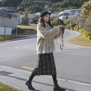 Fleece Button Jacket / Plaid Midi A-line Skirt