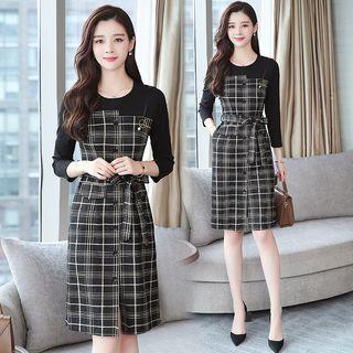 Mock Two-piece 3/4-sleeve Plaid A-line Dress
