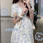Short-sleeve Floral Mini A-line Dress Sky Blue - One Size