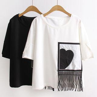 Heart Applique Fringed Short Sleeve T-shirt