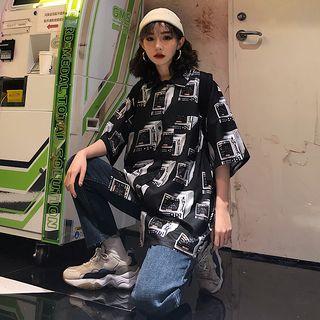 Elbow-sleeve Printed Shirt Black - One Size