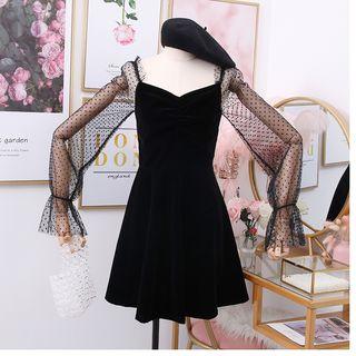 Square Collar Wave Point Mesh Patchwork Velvet Dress