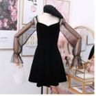Square Collar Wave Point Mesh Patchwork Velvet Dress