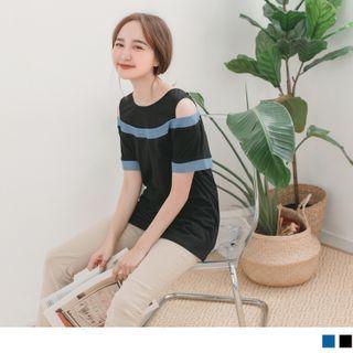 Denim Panel Short-sleeve Cold-shoulder Top