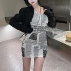 Newspaper-print Asymmetrical Mini Dress / Puff-sleeve Crop Jacket