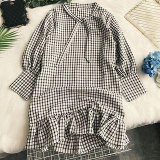 Long-sleeve Plaid Ruffle Hem A-line Dress