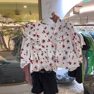 Floral Print V-neck Ruffled Short-sleeve Blouse