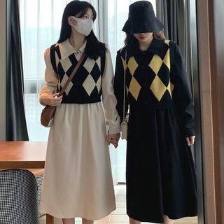 V-neck Argyle Button-up Vest / Long-sleeve Plain Midi Dress