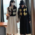 V-neck Argyle Button-up Vest / Long-sleeve Plain Midi Dress