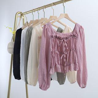 Frilled Trim Square Collar Long-sleeve Top