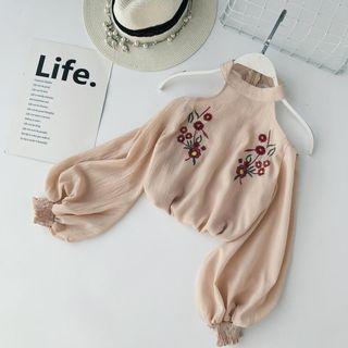 Embroidered Cutout Shoulder Long-sleeve Top