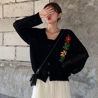 Embroidered Cardigan / Midi A-line Skirt