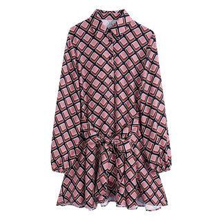 Long-sleeve Patterned Sashed Mini A-line Shirt Dress