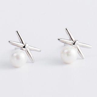925 Sterling Silver Faux Pearl Cross Earring 925 Silver - Silver - One Size