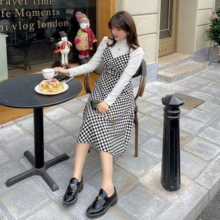 Set: Long-sleeve Lace Top + Checkered Midi Overall Dress