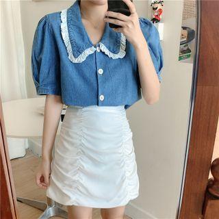 Puff-sleeve Lace Trim Denim Blouse