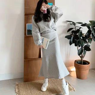 Set: Drop-shoulder Oversize Hoodie + Long Mermaid Skirt