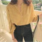 Long-sleeve Plaid Buttoned Top Yellow - One Size