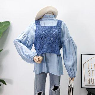 Set: Jacquard Vest + Bubble-sleeved Blouse