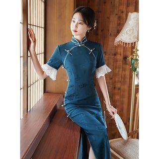 Short-sleeve Lace Trim Jacquard Qipao