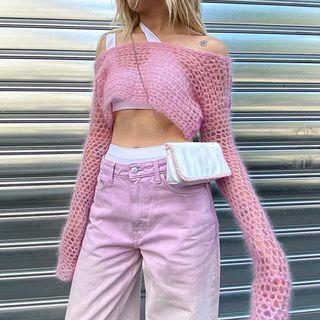 Long Sleeve Off-shoulder Crop Pointelle Knit Top