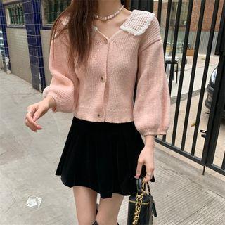Puff-sleeve Contrast Collar Cardigan