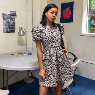 Puff-sleeve Mini Leopard Dress Brown - One Size
