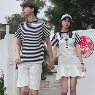 Couple Matching Striped Short-sleeve T-shirt / Drawstring Jumper Dress / Shorts