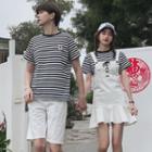 Couple Matching Striped Short-sleeve T-shirt / Drawstring Jumper Dress / Shorts