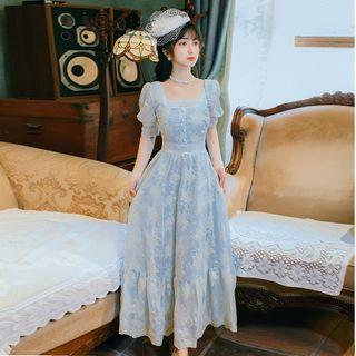 Short-sleeve Square-neck Embroidered Lace Maxi A-line Dress