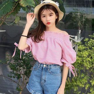 Off Shoulder Pinstriped Elbow-sleeve Blouse