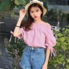 Off Shoulder Pinstriped Elbow-sleeve Blouse