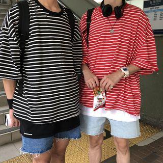3/4-sleeve Ripped Striped T-shirt