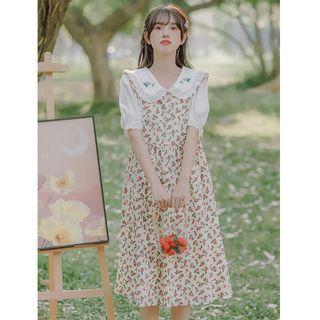 Short-sleeve Sailor Collar Blouse / Floral Embroidered Dress / Set