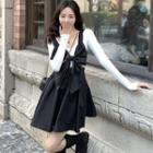 Long-sleeve Plain T-shirt / Bow Accent Mini Overall Dress