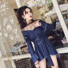 Sheer Top / Long-sleeve Denim Shirt Dress / Set