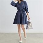 3/4-sleeve Wrap-front A-line Dress With Sash