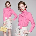 Set: Mock-turtleneck Bow Blouse + Floral Embroidered Pencil Skirt