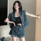 Padded-shoulder Denim Vest / High-waist Denim Shorts